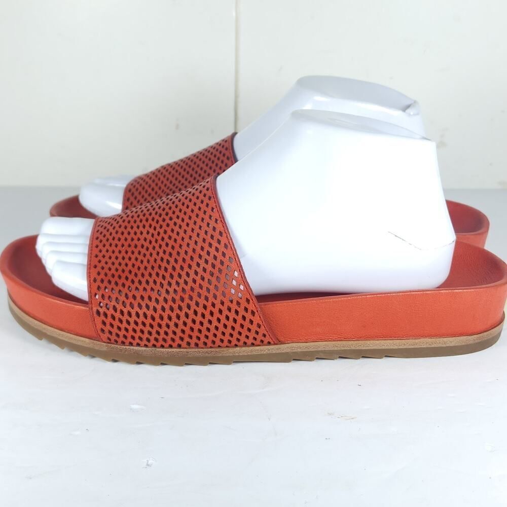 Frye Women's Lily US8,5? Orange Leather Perforated Flat Slide Sandals Shoes - Picture 2 of 16